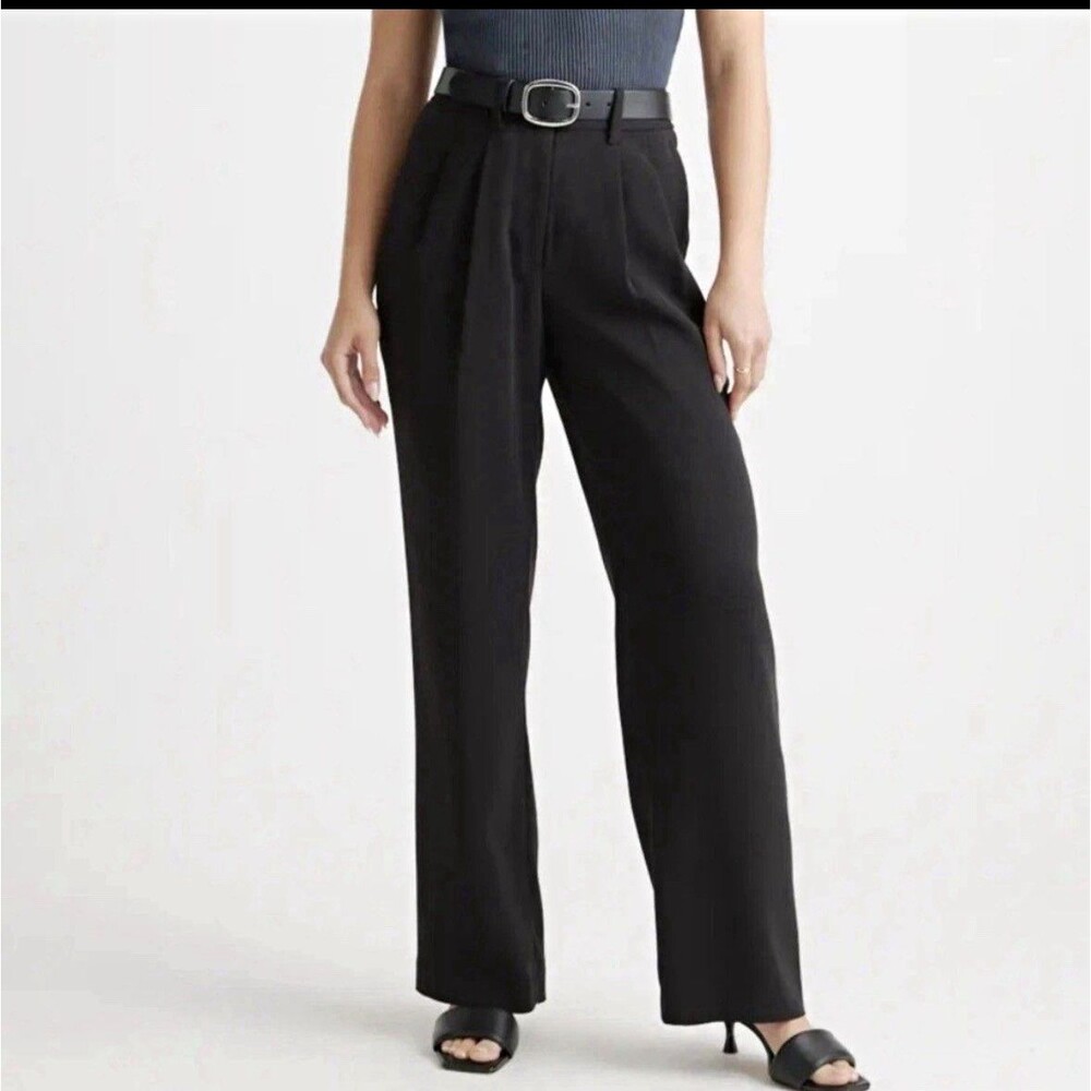 Quince Stretch Crepe Pleated Wide Leg Pants Black High Rise Trouser MIVN004 Sz 8